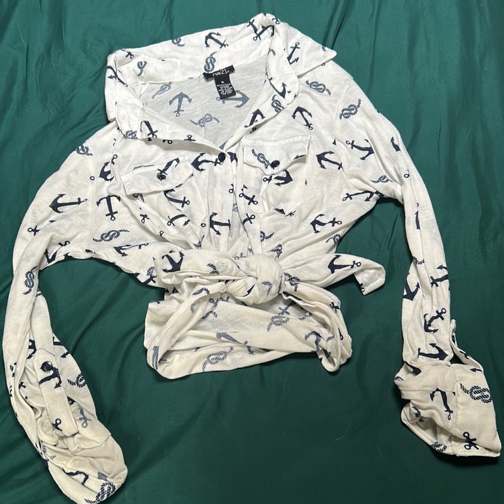 Blue Anchor Beachy Button Up